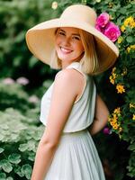 AI generated Happy woman wearing a straw hat in a flower garden - Generated image photo