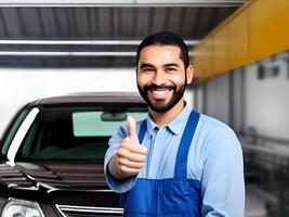 AI generated happy auto mechanic man in garage - Generated image photo