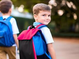 ai generado el trasero de niños con bolso caminando a colegio - generado imagen foto