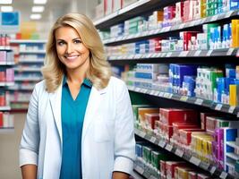 AI generated Happy Beautiful pharmacist in a pharmacy shop drug store - Generated image photo