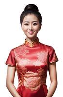 ai generado contento hermosa asiático mujer con vistiendo tradicional cheongsam vestir - generado imagen foto