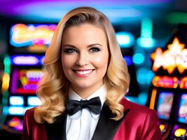 AI generated happy woman croupier or dealer wearing a tuxedo - Generated image photo