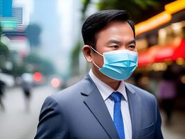 AI generated Asian adult businessman wearing face mask photo