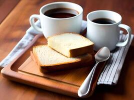 AI generated coffee cup with bread on a wooden table - Generated image photo