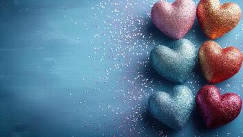 AI generated Colorful hearts on blue wooden background. Valentines day concept. photo