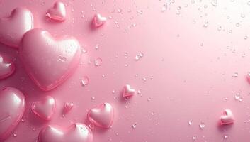 AI generated Valentine's day background with pink hearts and water drops. photo