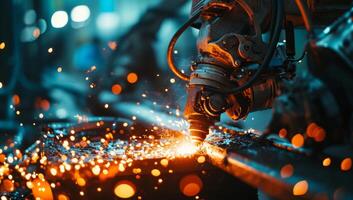 AI generated Industrial laser precision cutting metal with sparks photo