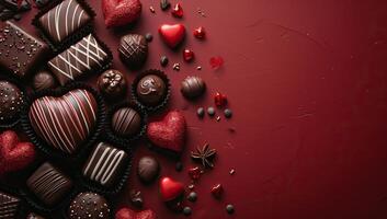 AI generated Chocolate candies on red background. Valentine's day background. photo