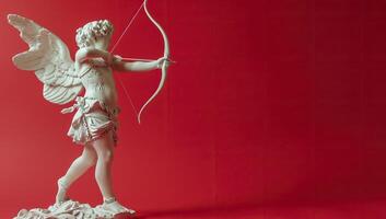 AI generated Cupid statue aiming arrow against red background photo