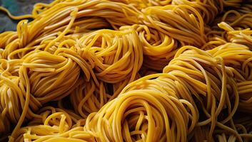 AI generated Closeup view of fresh uncooked yellow noodles photo