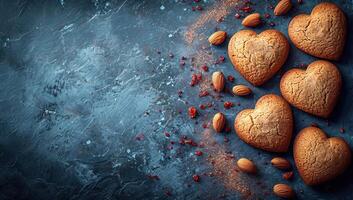 AI generated Heart shaped cookies with almonds on rustic background. Top view with copy space photo