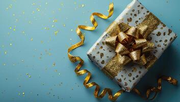 AI generated Gift box with golden ribbon and confetti on blue background. photo