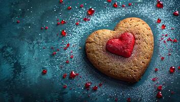 AI generated Heart shaped cookie with icing sugar and red heart on dark blue background photo