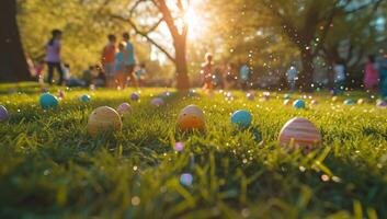 AI generated Easter celebration with colorful eggs and playful children photo