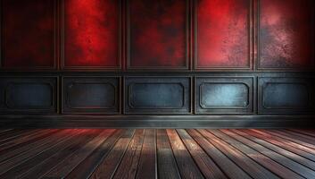 ai generado vacío habitación con rojo pared y de madera piso foto