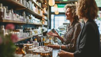 AI generated woman choosing skin care products in cosmetics shop photo