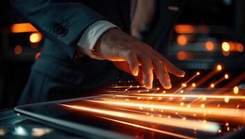 AI generated Male hands interacting with digital tablet emitting light trails photo