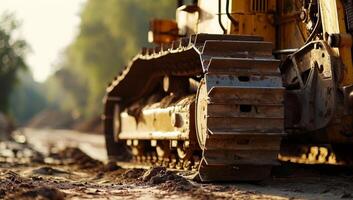 AI generated Detail of a bulldozer working on a road construction site. photo