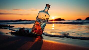 ai generado un botella con un mensaje dentro en el playa a puesta de sol foto