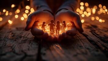 AI generated Hands holding illuminated paper people on wooden surface photo