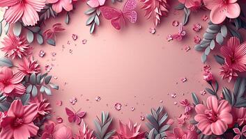 AI generated Floral summer background with pink flowers and butterflies photo