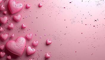AI generated Valentine's day background with pink hearts and confetti on pink background photo
