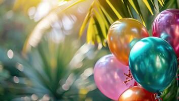 AI generated Colorful balloons on the background of palm leaves. Festive background. photo