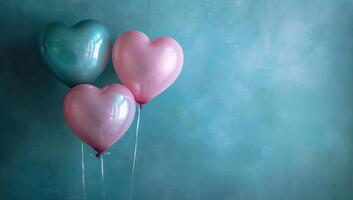 AI generated Valentine's day background with heart shaped balloons on blue wall photo