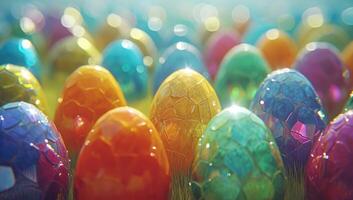 ai generado vistoso Pascua de Resurrección huevos brillar en verde césped con un bokeh antecedentes foto