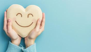 AI generated Woman holding a heart shaped box with smiley face on blue background photo