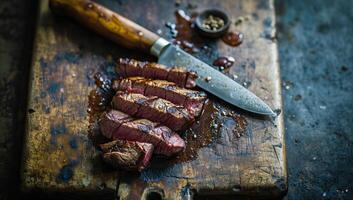 AI generated Sliced steak on rustic cutting board with knife photo