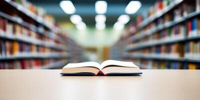 ai generado un abierto libro en un mesa en un biblioteca con estantería de libros en el antecedentes foto