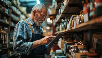 AI generated Senior man in apron using digital tablet while working in a warehouse photo