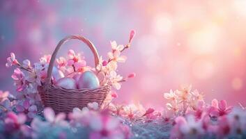 AI generated Easter eggs nestled in basket amid pink blooms photo