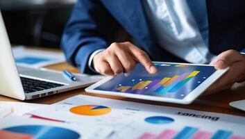 AI generated Business professional analyzing colorful graphs on tablet photo
