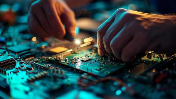 AI generated Close-up of man's hands repairing electronic circuit board with microchips photo