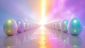 AI generated Easter eggs in a row. 3D render of an Easter background photo