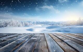 AI generated Winter landscape with wooden planks and snowfall. Christmas background. photo