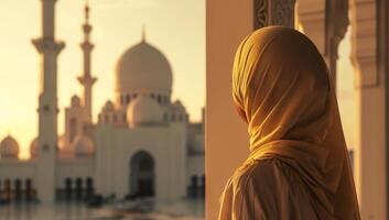 AI generated woman observing mosque at sunset photo