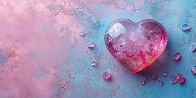 AI generated Crystal Heart Amidst Gemstones on a Colorful Surface. Copy space. Valentine's Day concept. photo
