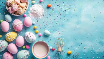 AI generated Easter baking background. Pastel colored eggs, flour, whisk and candy on blue background. Flat lay, top view photo