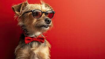 ai generado elegante perro con Gafas de sol y corbata de moño en vibrante rojo antecedentes foto
