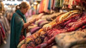 AI generated Woman chooses colorful shawls at the bazaar photo