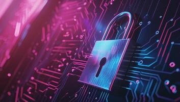 AI generated Padlock symbolizing cyber security on vibrant circuit board photo