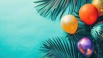 AI generated Tropical palm leaves and balloons on turquoise background with copy space photo