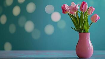 AI generated Pink tulips in a vase against a teal background with bokeh lights photo