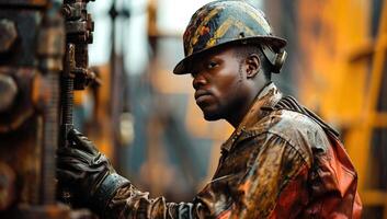 ai generado retrato de africano americano trabajador en casco y uniforme en pie en petróleo refinería foto