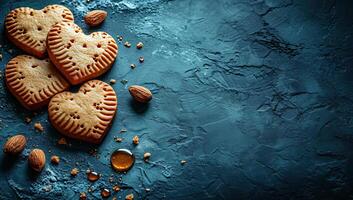 AI generated Heart shaped cookies and almonds on a textured blue surface photo