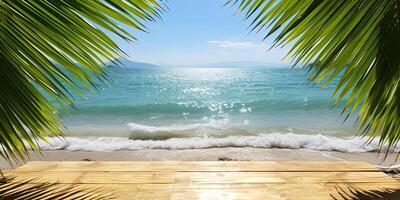 AI generated Wooden table top on tropical beach with palm leaves and sea background photo