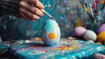 AI generated Easter egg painted in bright colors with a brush in the hands of a child photo